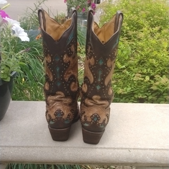 CORRAL AB019 "El Paso" leather snip toe cowgirl boot tan/brown/turquoise sz 9.5 - Picture 5 of 14